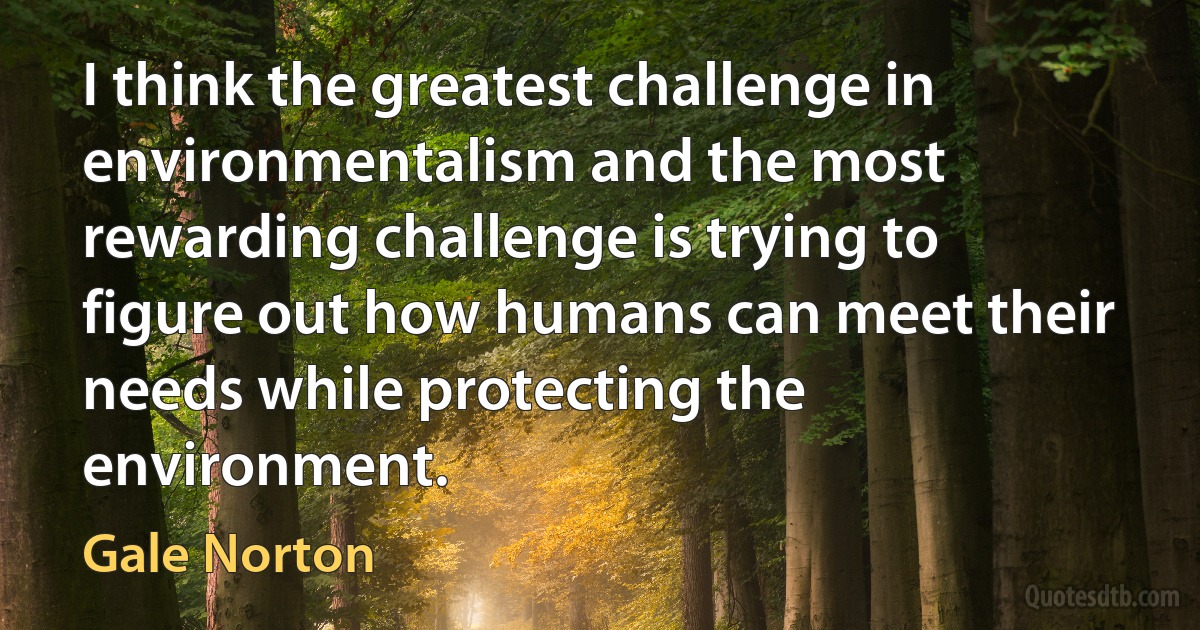 I think the greatest challenge in environmentalism and the most rewarding challenge is trying to figure out how humans can meet their needs while protecting the environment. (Gale Norton)