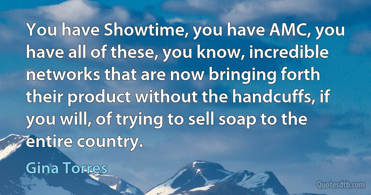 You have Showtime, you have AMC, you have all of these, you know, incredible networks that are now bringing forth their product without the handcuffs, if you will, of trying to sell soap to the entire country. (Gina Torres)