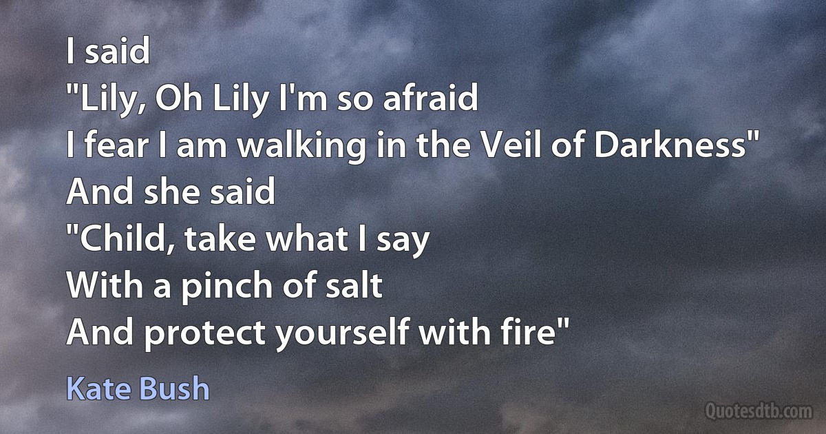 I said
"Lily, Oh Lily I'm so afraid
I fear I am walking in the Veil of Darkness"
And she said
"Child, take what I say
With a pinch of salt
And protect yourself with fire" (Kate Bush)