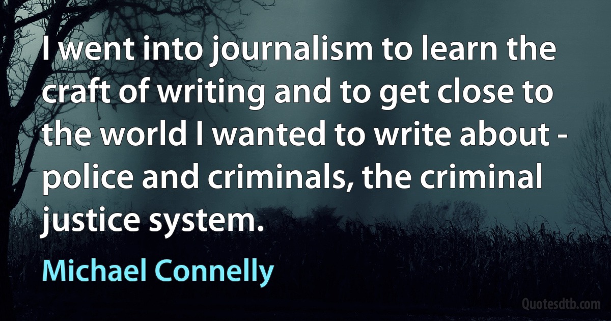 I went into journalism to learn the craft of writing and to get close to the world I wanted to write about - police and criminals, the criminal justice system. (Michael Connelly)