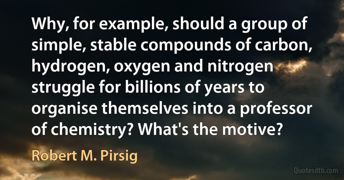 Why, for example, should a group of simple, stable compounds of carbon, hydrogen, oxygen and nitrogen struggle for billions of years to organise themselves into a professor of chemistry? What's the motive? (Robert M. Pirsig)