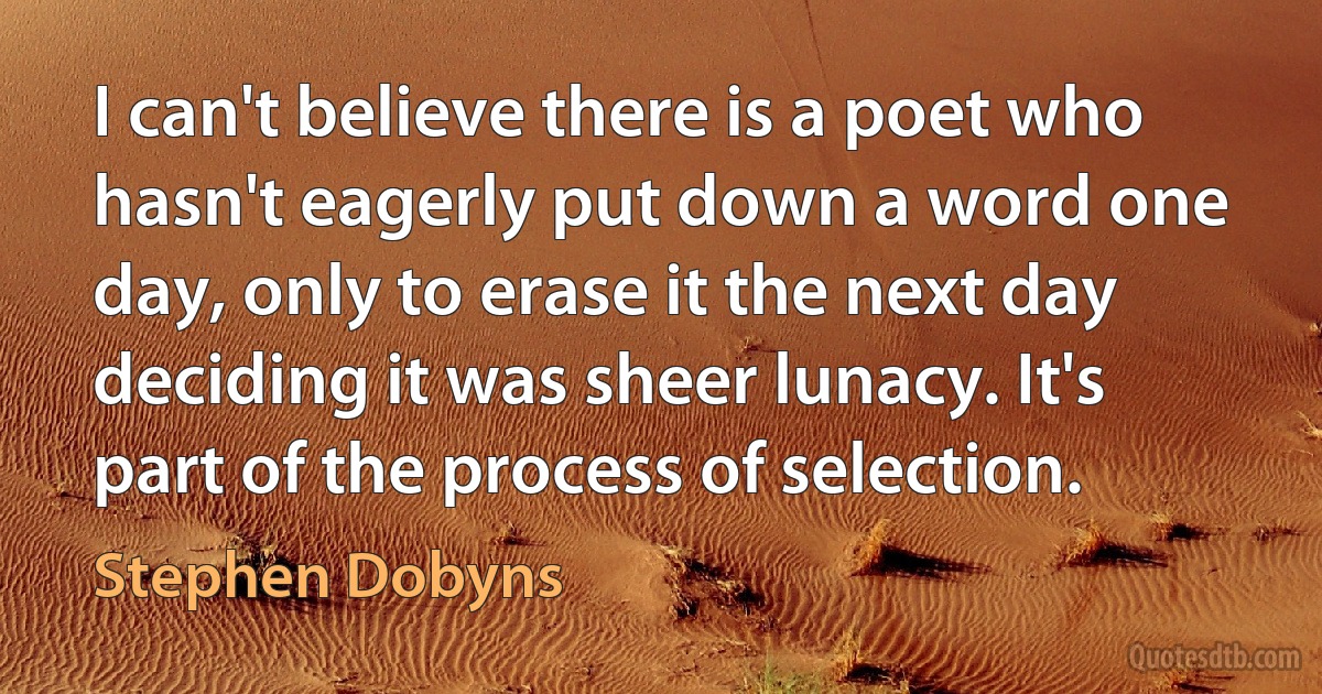 I can't believe there is a poet who hasn't eagerly put down a word one day, only to erase it the next day deciding it was sheer lunacy. It's part of the process of selection. (Stephen Dobyns)