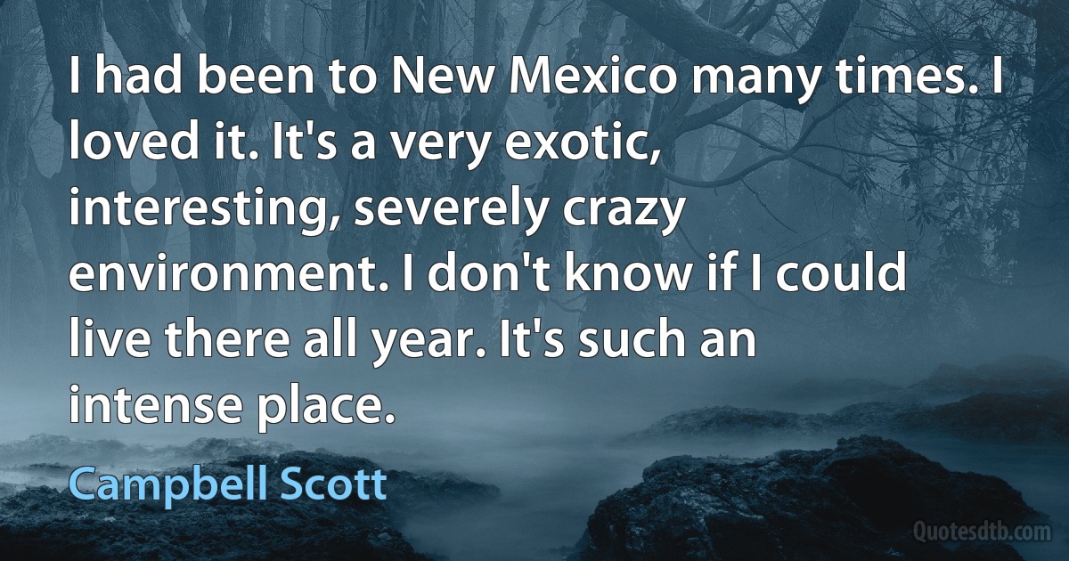 I had been to New Mexico many times. I loved it. It's a very exotic, interesting, severely crazy environment. I don't know if I could live there all year. It's such an intense place. (Campbell Scott)