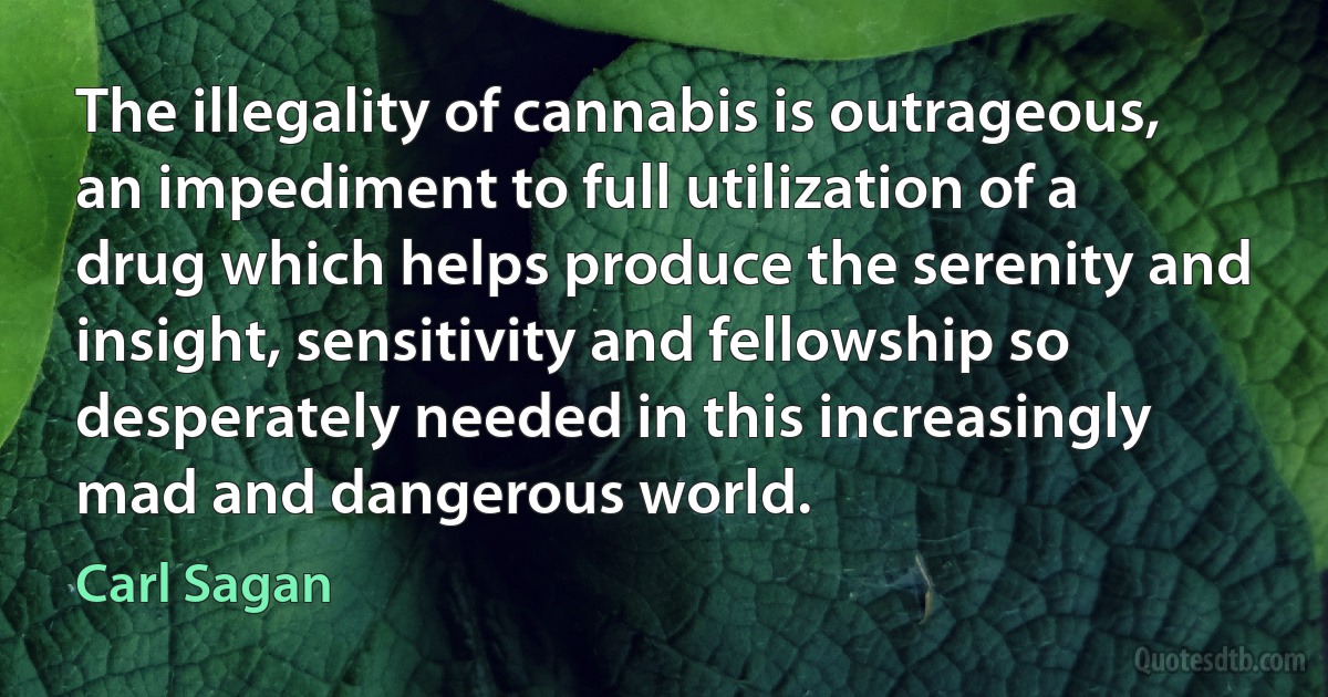 The illegality of cannabis is outrageous, an impediment to full utilization of a drug which helps produce the serenity and insight, sensitivity and fellowship so desperately needed in this increasingly mad and dangerous world. (Carl Sagan)