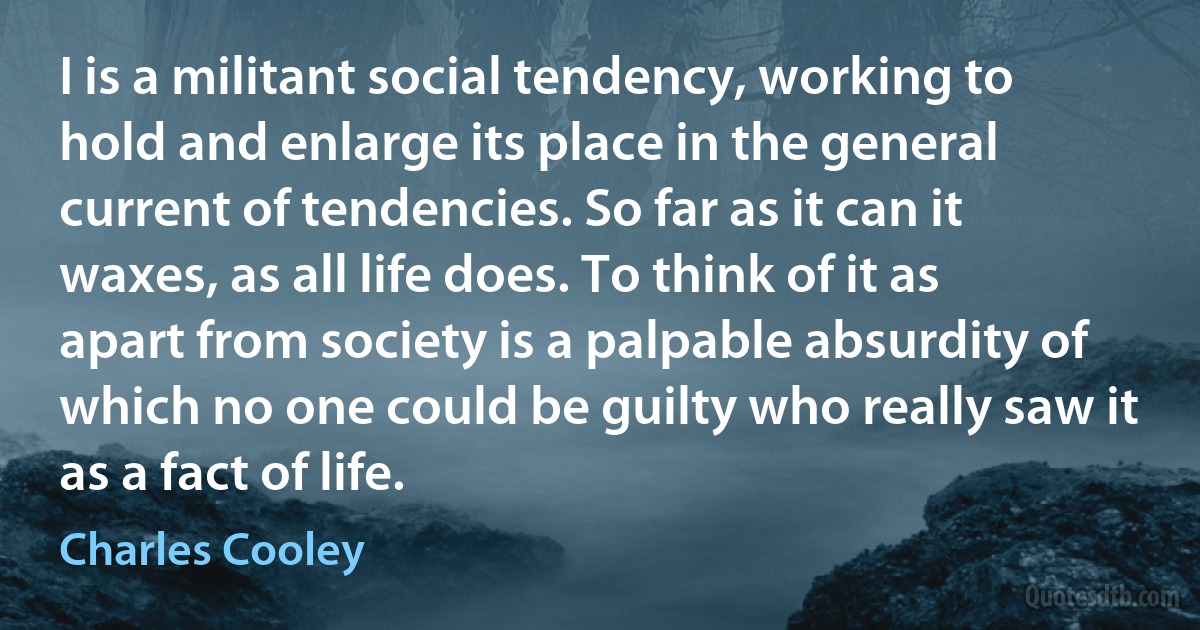 I is a militant social tendency, working to hold and enlarge its place in the general current of tendencies. So far as it can it waxes, as all life does. To think of it as apart from society is a palpable absurdity of which no one could be guilty who really saw it as a fact of life. (Charles Cooley)