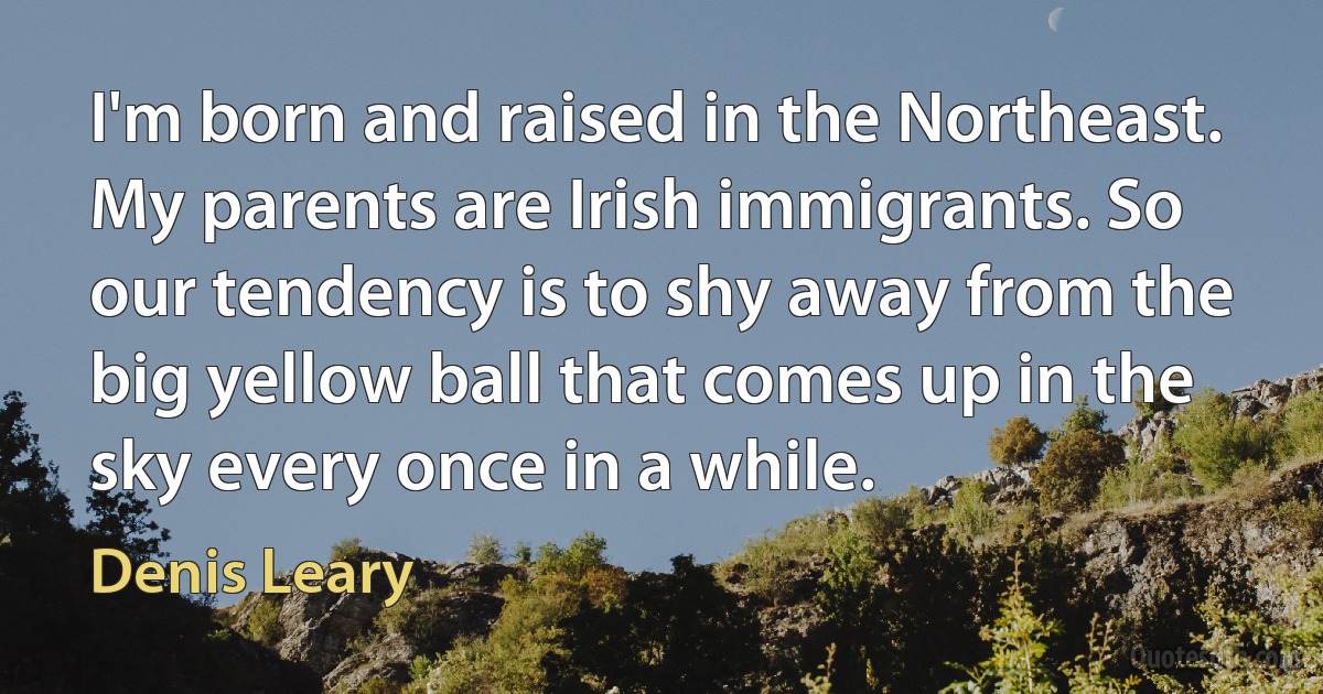 I'm born and raised in the Northeast. My parents are Irish immigrants. So our tendency is to shy away from the big yellow ball that comes up in the sky every once in a while. (Denis Leary)