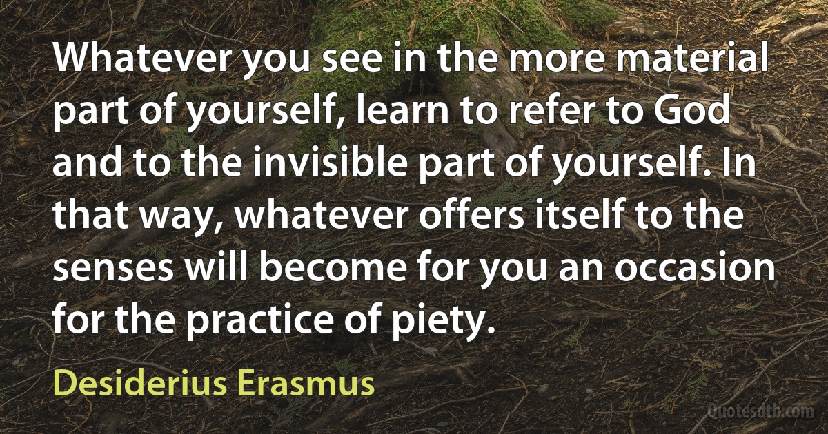 Whatever you see in the more material part of yourself, learn to refer to God and to the invisible part of yourself. In that way, whatever offers itself to the senses will become for you an occasion for the practice of piety. (Desiderius Erasmus)