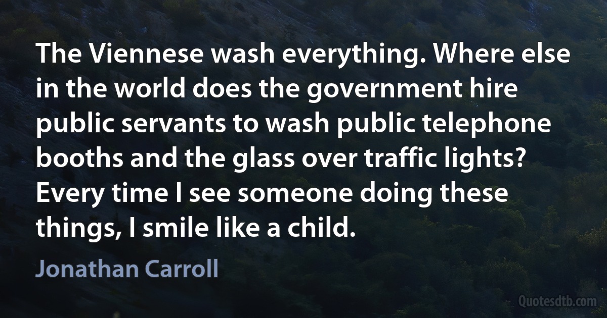 The Viennese wash everything. Where else in the world does the government hire public servants to wash public telephone booths and the glass over traffic lights? Every time I see someone doing these things, I smile like a child. (Jonathan Carroll)