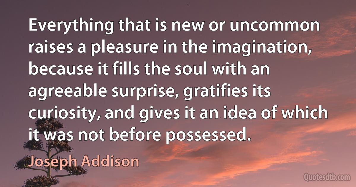 Everything that is new or uncommon raises a pleasure in the imagination, because it fills the soul with an agreeable surprise, gratifies its curiosity, and gives it an idea of which it was not before possessed. (Joseph Addison)