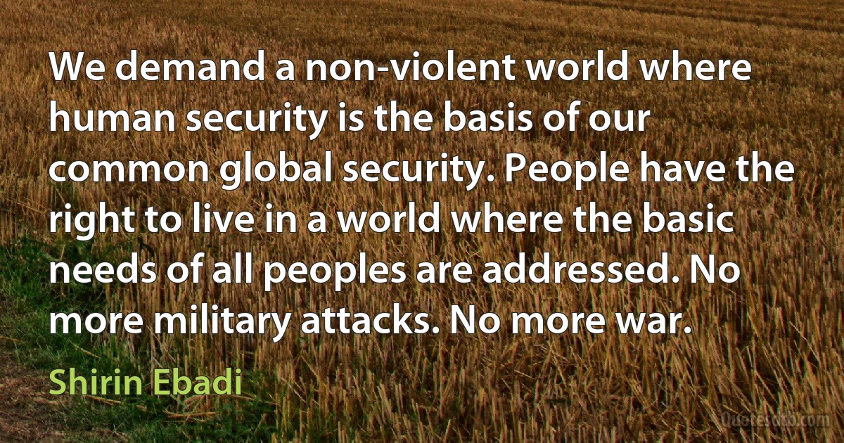 We demand a non-violent world where human security is the basis of our common global security. People have the right to live in a world where the basic needs of all peoples are addressed. No more military attacks. No more war. (Shirin Ebadi)