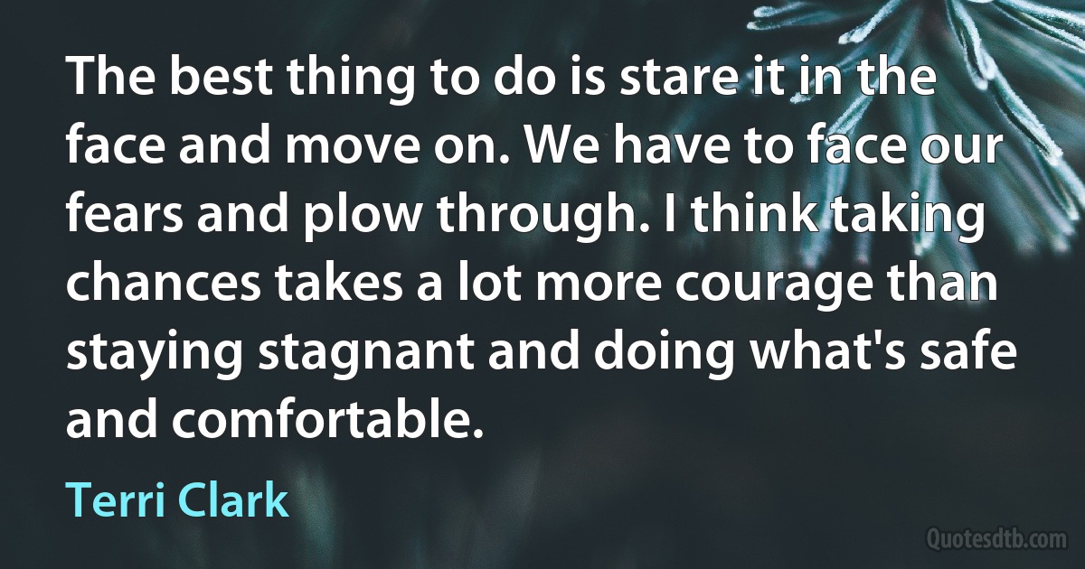 The best thing to do is stare it in the face and move on. We have to face our fears and plow through. I think taking chances takes a lot more courage than staying stagnant and doing what's safe and comfortable. (Terri Clark)