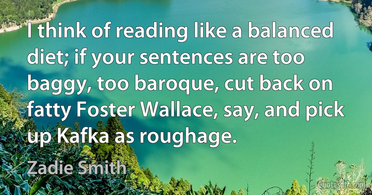 I think of reading like a balanced diet; if your sentences are too baggy, too baroque, cut back on fatty Foster Wallace, say, and pick up Kafka as roughage. (Zadie Smith)