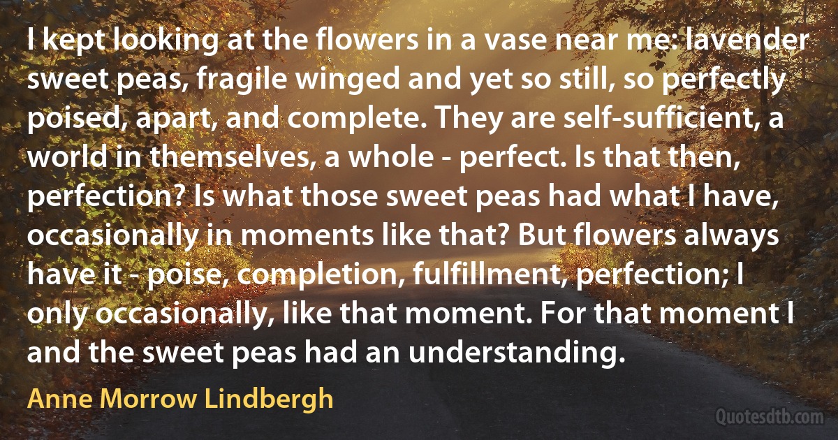 I kept looking at the flowers in a vase near me: lavender sweet peas, fragile winged and yet so still, so perfectly poised, apart, and complete. They are self-sufficient, a world in themselves, a whole - perfect. Is that then, perfection? Is what those sweet peas had what I have, occasionally in moments like that? But flowers always have it - poise, completion, fulfillment, perfection; I only occasionally, like that moment. For that moment I and the sweet peas had an understanding. (Anne Morrow Lindbergh)