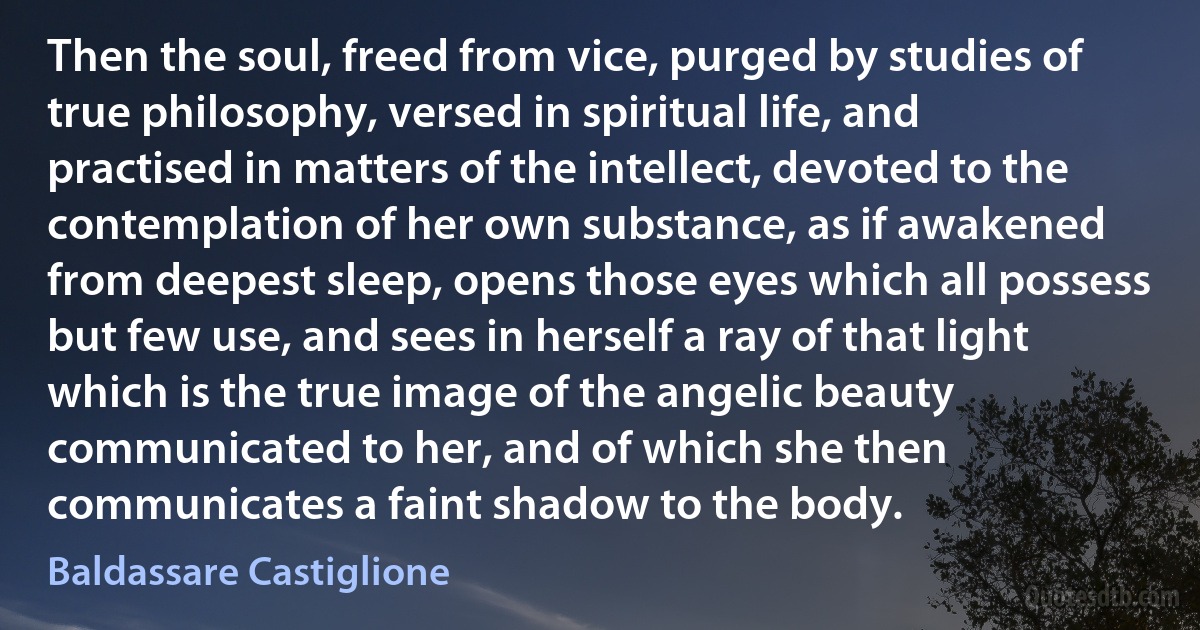 Then the soul, freed from vice, purged by studies of true philosophy, versed in spiritual life, and practised in matters of the intellect, devoted to the contemplation of her own substance, as if awakened from deepest sleep, opens those eyes which all possess but few use, and sees in herself a ray of that light which is the true image of the angelic beauty communicated to her, and of which she then communicates a faint shadow to the body. (Baldassare Castiglione)