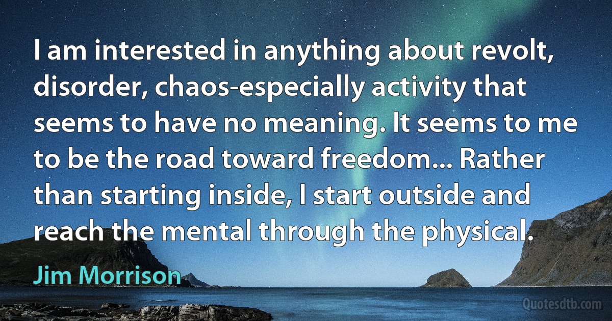 I am interested in anything about revolt, disorder, chaos-especially activity that seems to have no meaning. It seems to me to be the road toward freedom... Rather than starting inside, I start outside and reach the mental through the physical. (Jim Morrison)