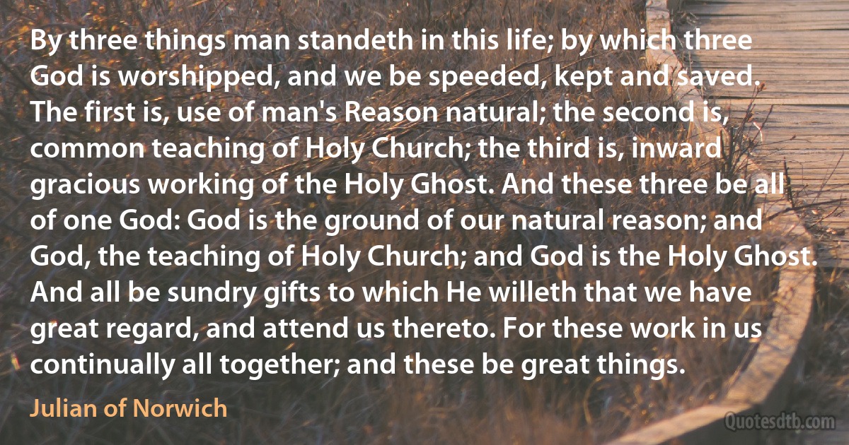 By three things man standeth in this life; by which three God is worshipped, and we be speeded, kept and saved.
The first is, use of man's Reason natural; the second is, common teaching of Holy Church; the third is, inward gracious working of the Holy Ghost. And these three be all of one God: God is the ground of our natural reason; and God, the teaching of Holy Church; and God is the Holy Ghost. And all be sundry gifts to which He willeth that we have great regard, and attend us thereto. For these work in us continually all together; and these be great things. (Julian of Norwich)