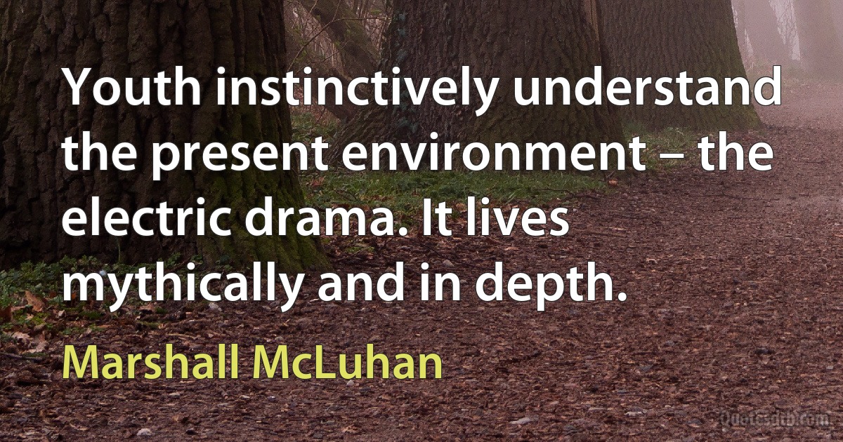 Youth instinctively understand the present environment – the electric drama. It lives mythically and in depth. (Marshall McLuhan)