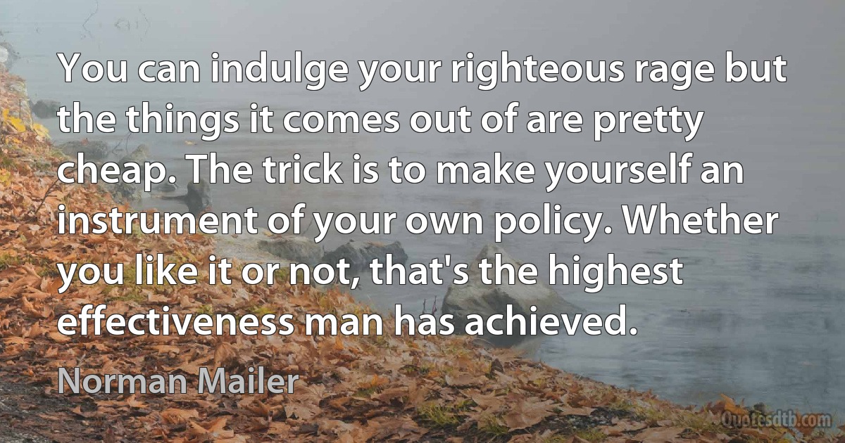 You can indulge your righteous rage but the things it comes out of are pretty cheap. The trick is to make yourself an instrument of your own policy. Whether you like it or not, that's the highest effectiveness man has achieved. (Norman Mailer)