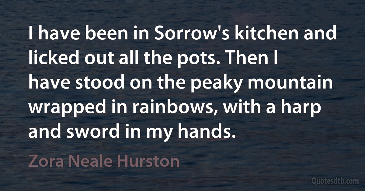 I have been in Sorrow's kitchen and licked out all the pots. Then I have stood on the peaky mountain wrapped in rainbows, with a harp and sword in my hands. (Zora Neale Hurston)