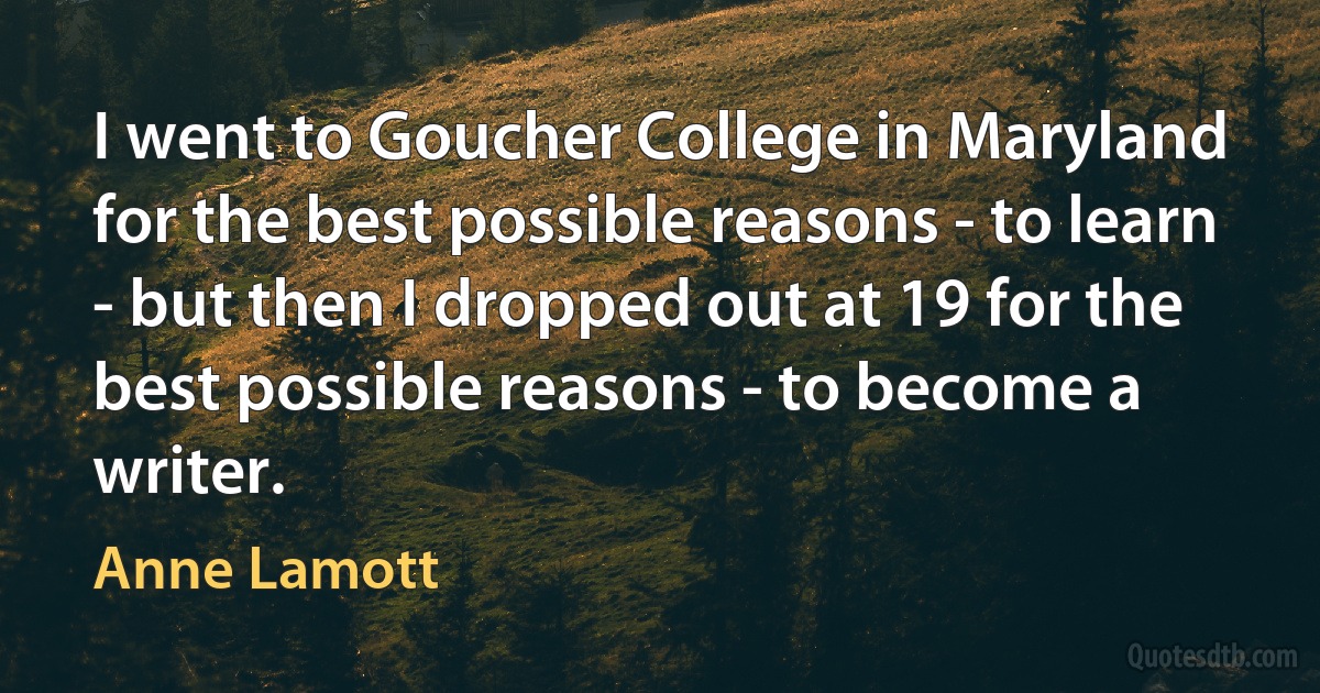 I went to Goucher College in Maryland for the best possible reasons - to learn - but then I dropped out at 19 for the best possible reasons - to become a writer. (Anne Lamott)