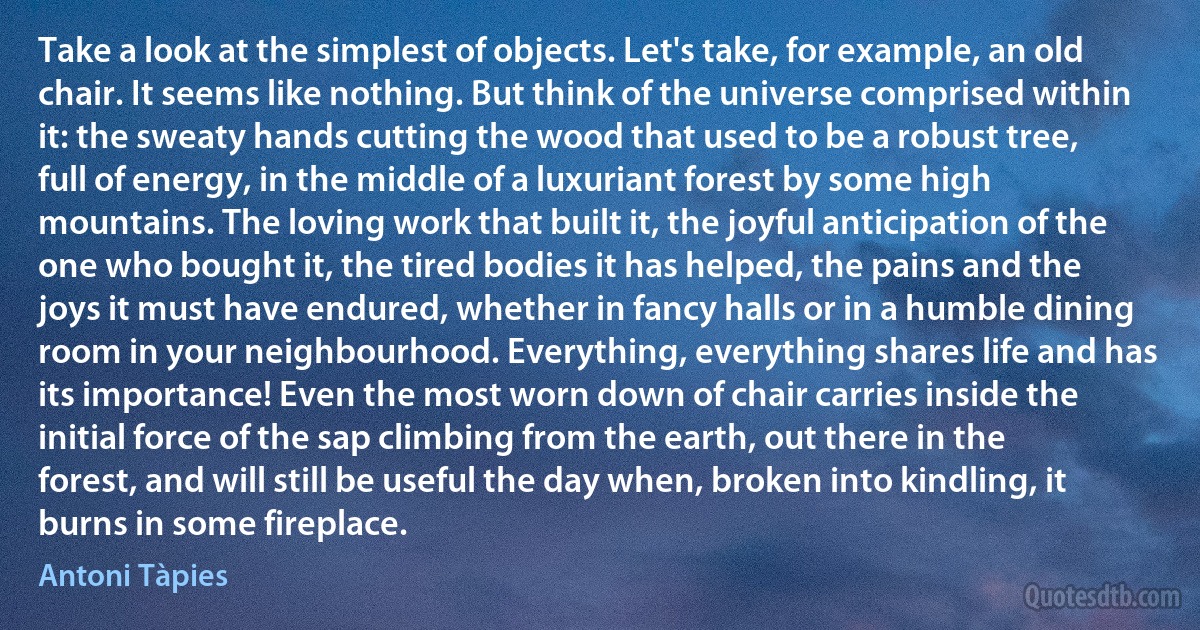 Take a look at the simplest of objects. Let's take, for example, an old chair. It seems like nothing. But think of the universe comprised within it: the sweaty hands cutting the wood that used to be a robust tree, full of energy, in the middle of a luxuriant forest by some high mountains. The loving work that built it, the joyful anticipation of the one who bought it, the tired bodies it has helped, the pains and the joys it must have endured, whether in fancy halls or in a humble dining room in your neighbourhood. Everything, everything shares life and has its importance! Even the most worn down of chair carries inside the initial force of the sap climbing from the earth, out there in the forest, and will still be useful the day when, broken into kindling, it burns in some fireplace. (Antoni Tàpies)