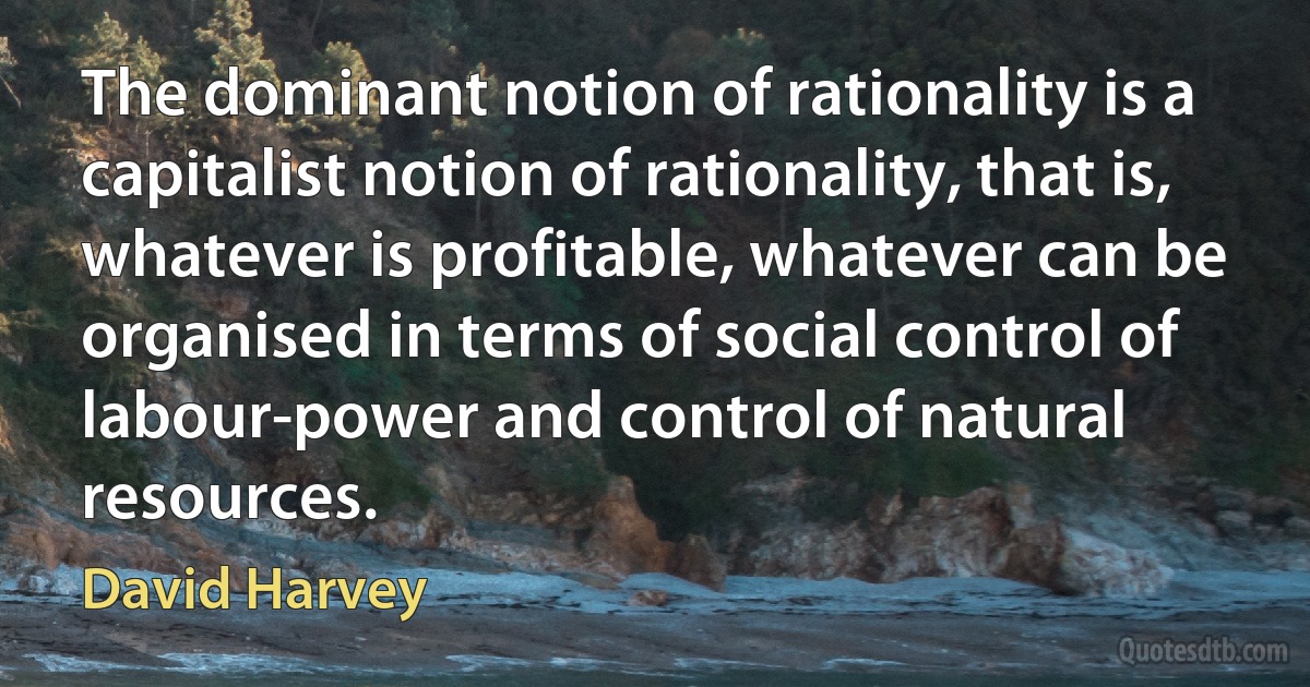 The dominant notion of rationality is a capitalist notion of rationality, that is, whatever is profitable, whatever can be organised in terms of social control of labour-power and control of natural resources. (David Harvey)