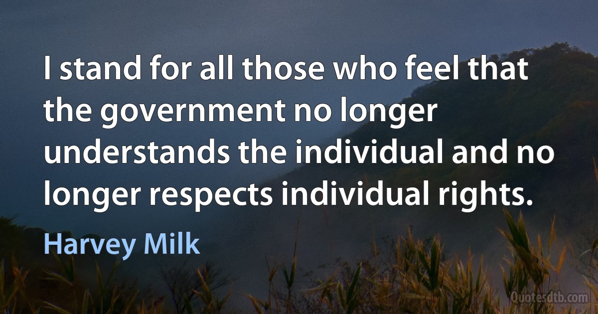 I stand for all those who feel that the government no longer understands the individual and no longer respects individual rights. (Harvey Milk)