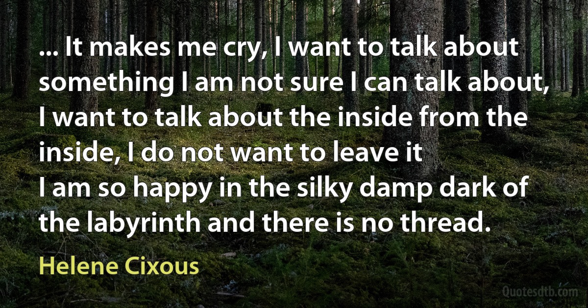 ... It makes me cry, I want to talk about something I am not sure I can talk about, I want to talk about the inside from the inside, I do not want to leave it
I am so happy in the silky damp dark of the labyrinth and there is no thread. (Helene Cixous)