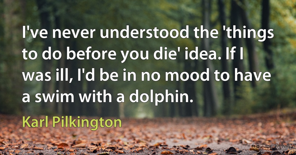 I've never understood the 'things to do before you die' idea. If I was ill, I'd be in no mood to have a swim with a dolphin. (Karl Pilkington)