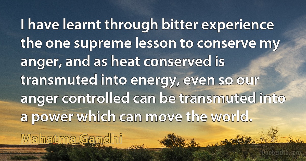 I have learnt through bitter experience the one supreme lesson to conserve my anger, and as heat conserved is transmuted into energy, even so our anger controlled can be transmuted into a power which can move the world. (Mahatma Gandhi)