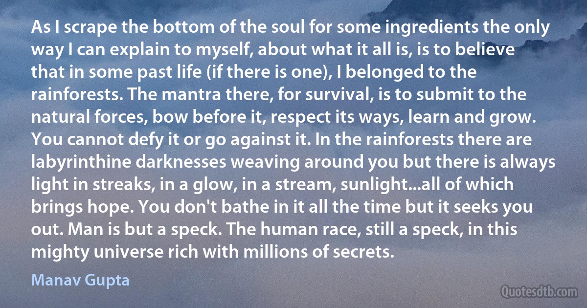 As I scrape the bottom of the soul for some ingredients the only way I can explain to myself, about what it all is, is to believe that in some past life (if there is one), I belonged to the rainforests. The mantra there, for survival, is to submit to the natural forces, bow before it, respect its ways, learn and grow. You cannot defy it or go against it. In the rainforests there are labyrinthine darknesses weaving around you but there is always light in streaks, in a glow, in a stream, sunlight...all of which brings hope. You don't bathe in it all the time but it seeks you out. Man is but a speck. The human race, still a speck, in this mighty universe rich with millions of secrets. (Manav Gupta)