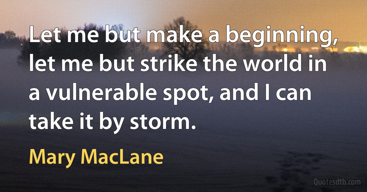 Let me but make a beginning, let me but strike the world in a vulnerable spot, and I can take it by storm. (Mary MacLane)