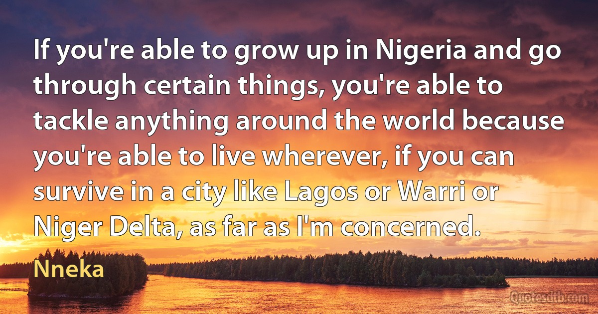 If you're able to grow up in Nigeria and go through certain things, you're able to tackle anything around the world because you're able to live wherever, if you can survive in a city like Lagos or Warri or Niger Delta, as far as I'm concerned. (Nneka)