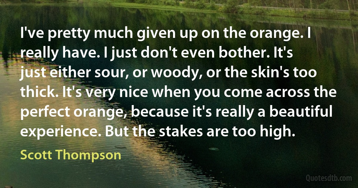 I've pretty much given up on the orange. I really have. I just don't even bother. It's just either sour, or woody, or the skin's too thick. It's very nice when you come across the perfect orange, because it's really a beautiful experience. But the stakes are too high. (Scott Thompson)