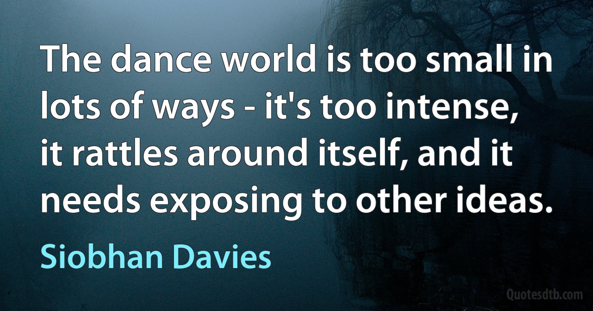 The dance world is too small in lots of ways - it's too intense, it rattles around itself, and it needs exposing to other ideas. (Siobhan Davies)