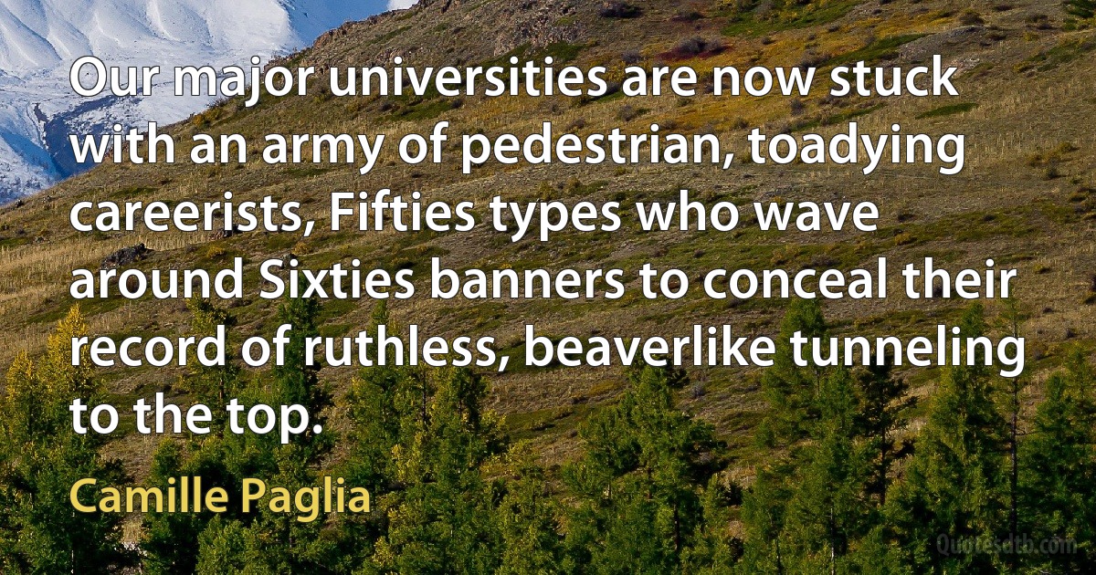 Our major universities are now stuck with an army of pedestrian, toadying careerists, Fifties types who wave around Sixties banners to conceal their record of ruthless, beaverlike tunneling to the top. (Camille Paglia)