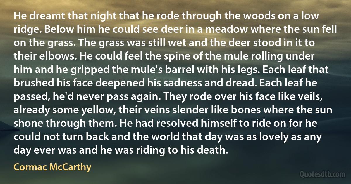 He dreamt that night that he rode through the woods on a low ridge. Below him he could see deer in a meadow where the sun fell on the grass. The grass was still wet and the deer stood in it to their elbows. He could feel the spine of the mule rolling under him and he gripped the mule's barrel with his legs. Each leaf that brushed his face deepened his sadness and dread. Each leaf he passed, he'd never pass again. They rode over his face like veils, already some yellow, their veins slender like bones where the sun shone through them. He had resolved himself to ride on for he could not turn back and the world that day was as lovely as any day ever was and he was riding to his death. (Cormac McCarthy)