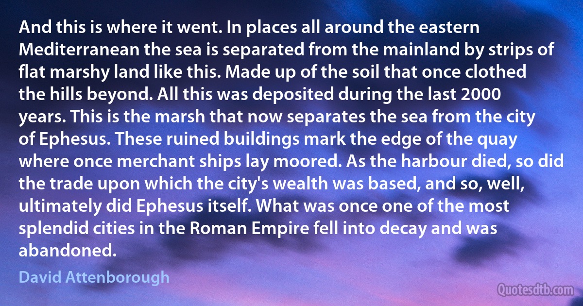 And this is where it went. In places all around the eastern Mediterranean the sea is separated from the mainland by strips of flat marshy land like this. Made up of the soil that once clothed the hills beyond. All this was deposited during the last 2000 years. This is the marsh that now separates the sea from the city of Ephesus. These ruined buildings mark the edge of the quay where once merchant ships lay moored. As the harbour died, so did the trade upon which the city's wealth was based, and so, well, ultimately did Ephesus itself. What was once one of the most splendid cities in the Roman Empire fell into decay and was abandoned. (David Attenborough)