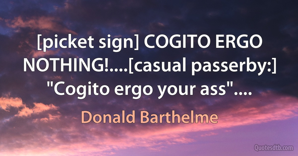 [picket sign] COGITO ERGO NOTHING!....[casual passerby:] "Cogito ergo your ass".... (Donald Barthelme)