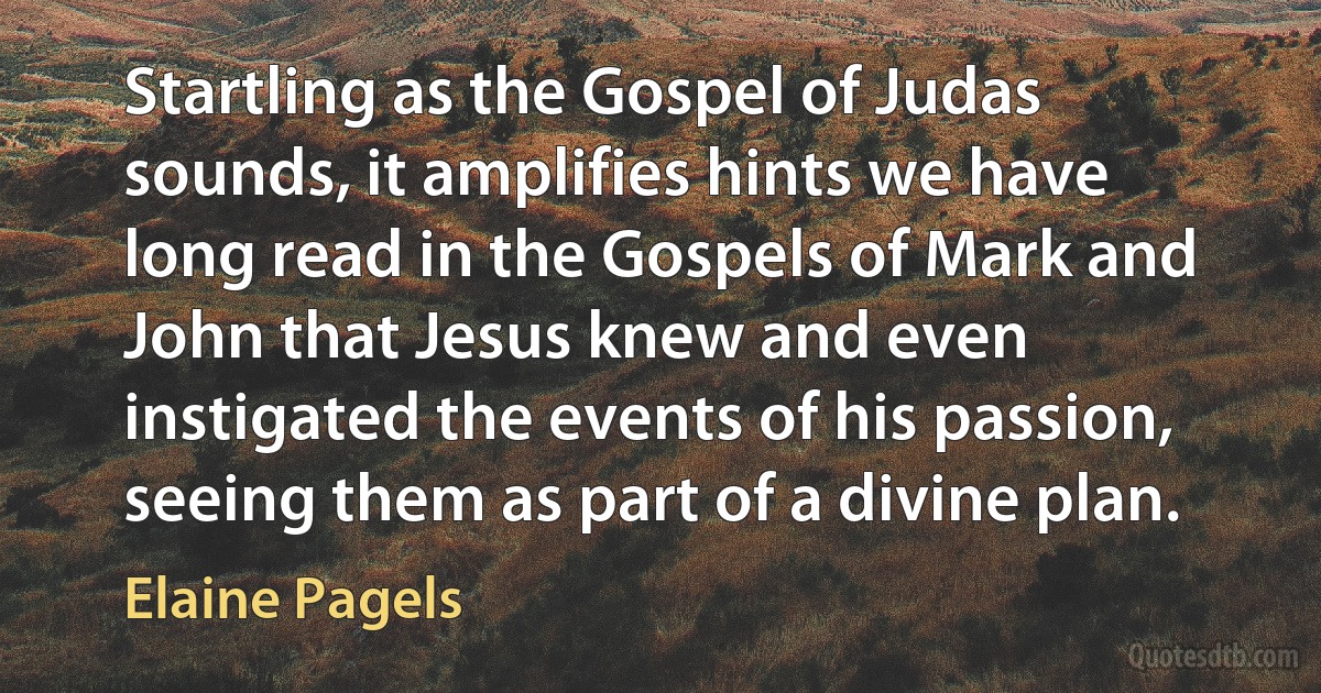 Startling as the Gospel of Judas sounds, it amplifies hints we have long read in the Gospels of Mark and John that Jesus knew and even instigated the events of his passion, seeing them as part of a divine plan. (Elaine Pagels)