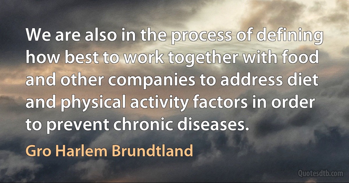 We are also in the process of defining how best to work together with food and other companies to address diet and physical activity factors in order to prevent chronic diseases. (Gro Harlem Brundtland)