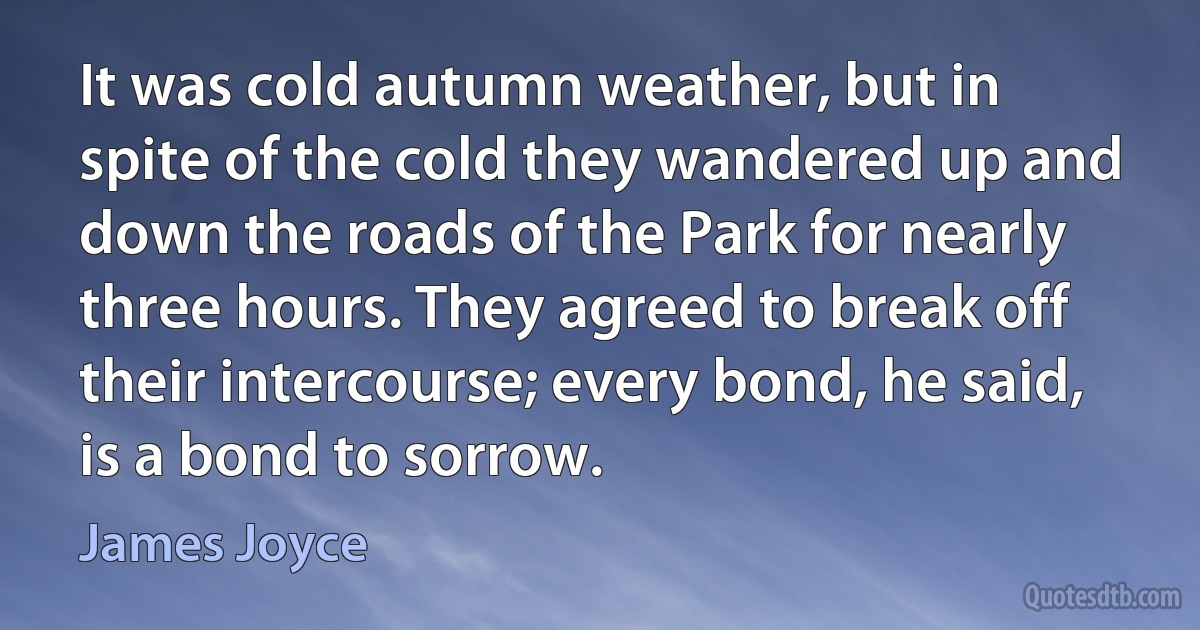 It was cold autumn weather, but in spite of the cold they wandered up and down the roads of the Park for nearly three hours. They agreed to break off their intercourse; every bond, he said, is a bond to sorrow. (James Joyce)