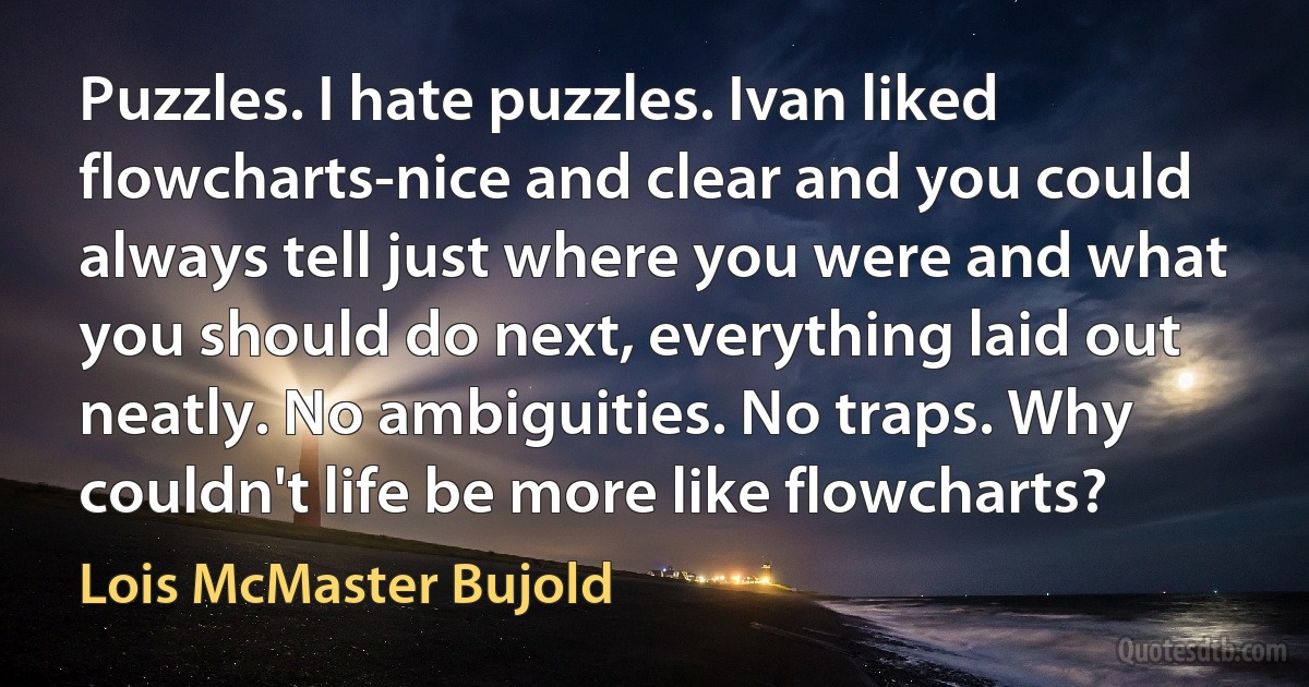 Puzzles. I hate puzzles. Ivan liked flowcharts-nice and clear and you could always tell just where you were and what you should do next, everything laid out neatly. No ambiguities. No traps. Why couldn't life be more like flowcharts? (Lois McMaster Bujold)