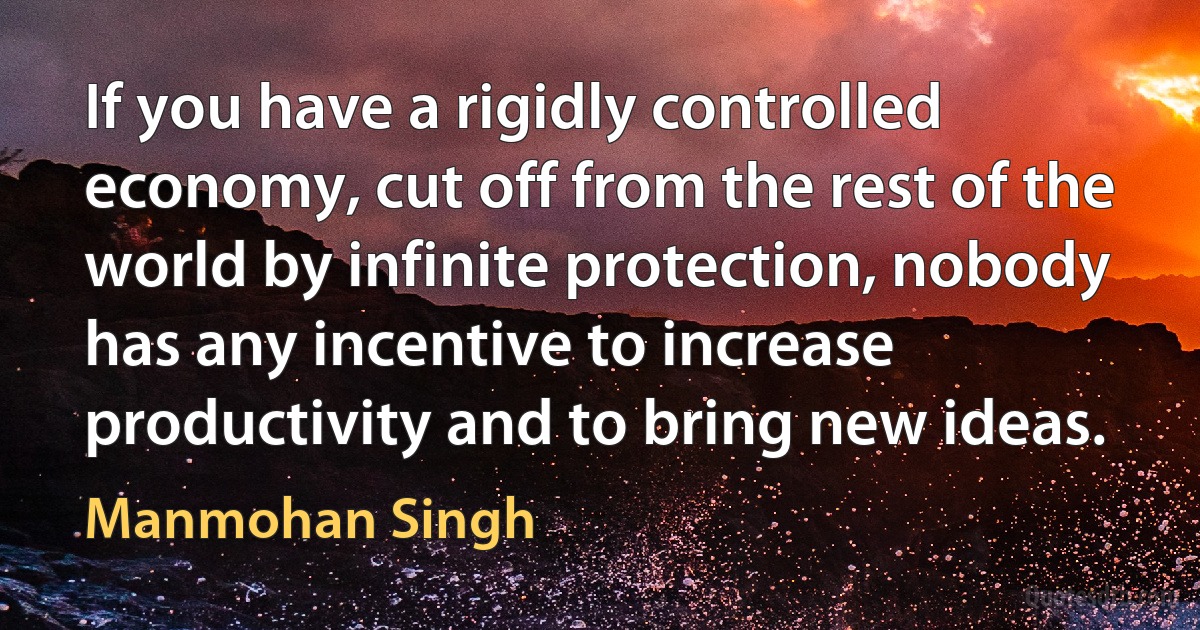 If you have a rigidly controlled economy, cut off from the rest of the world by infinite protection, nobody has any incentive to increase productivity and to bring new ideas. (Manmohan Singh)