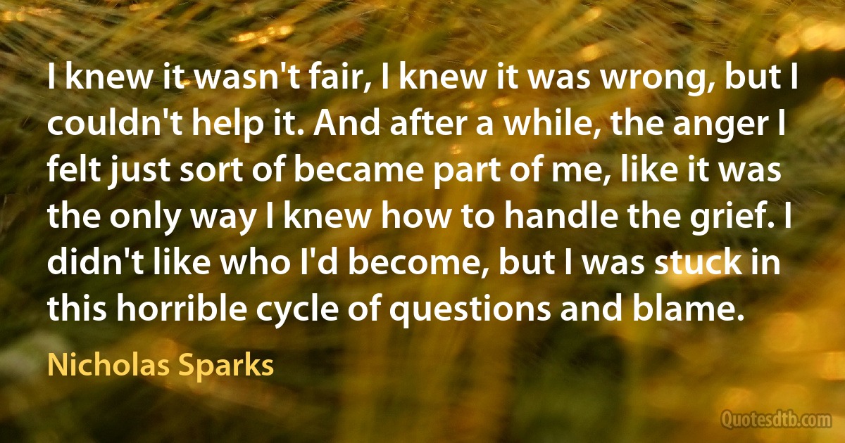 I knew it wasn't fair, I knew it was wrong, but I couldn't help it. And after a while, the anger I felt just sort of became part of me, like it was the only way I knew how to handle the grief. I didn't like who I'd become, but I was stuck in this horrible cycle of questions and blame. (Nicholas Sparks)