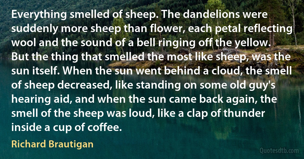 Everything smelled of sheep. The dandelions were suddenly more sheep than flower, each petal reflecting wool and the sound of a bell ringing off the yellow. But the thing that smelled the most like sheep, was the sun itself. When the sun went behind a cloud, the smell of sheep decreased, like standing on some old guy's hearing aid, and when the sun came back again, the smell of the sheep was loud, like a clap of thunder inside a cup of coffee. (Richard Brautigan)