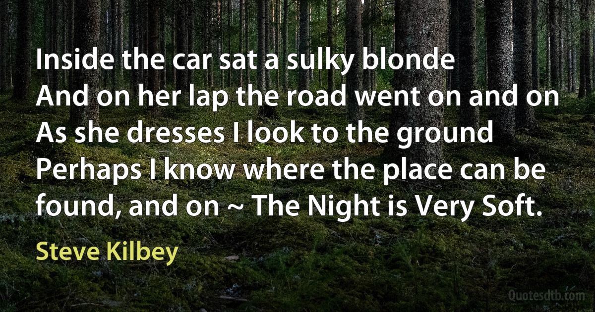 Inside the car sat a sulky blonde
And on her lap the road went on and on
As she dresses I look to the ground
Perhaps I know where the place can be found, and on ~ The Night is Very Soft. (Steve Kilbey)