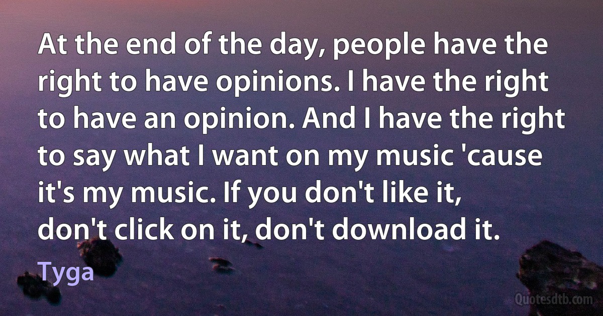 At the end of the day, people have the right to have opinions. I have the right to have an opinion. And I have the right to say what I want on my music 'cause it's my music. If you don't like it, don't click on it, don't download it. (Tyga)