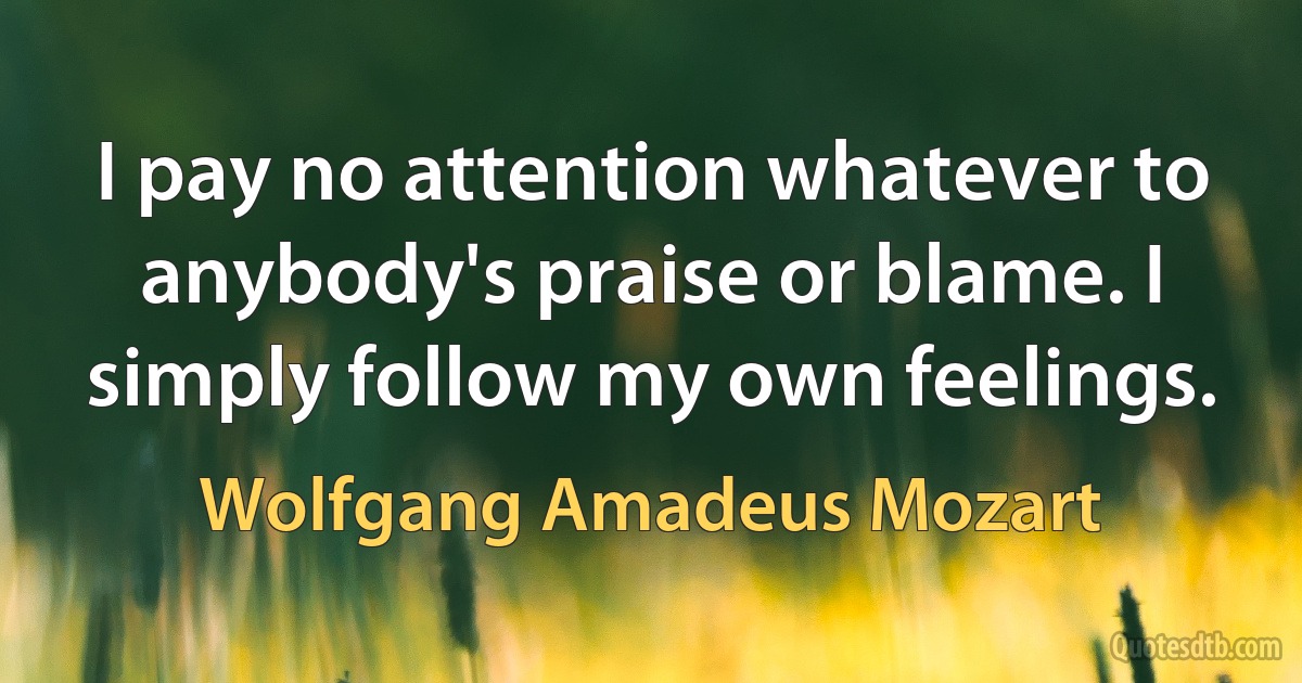 I pay no attention whatever to anybody's praise or blame. I simply follow my own feelings. (Wolfgang Amadeus Mozart)