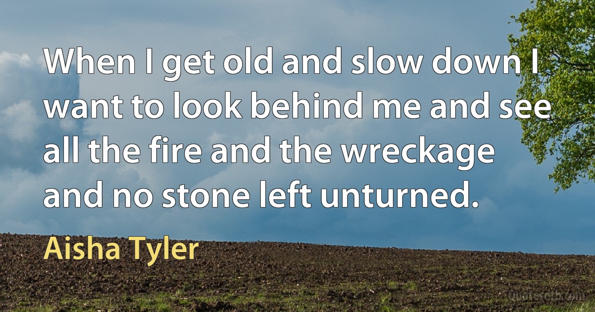 When I get old and slow down I want to look behind me and see all the fire and the wreckage and no stone left unturned. (Aisha Tyler)